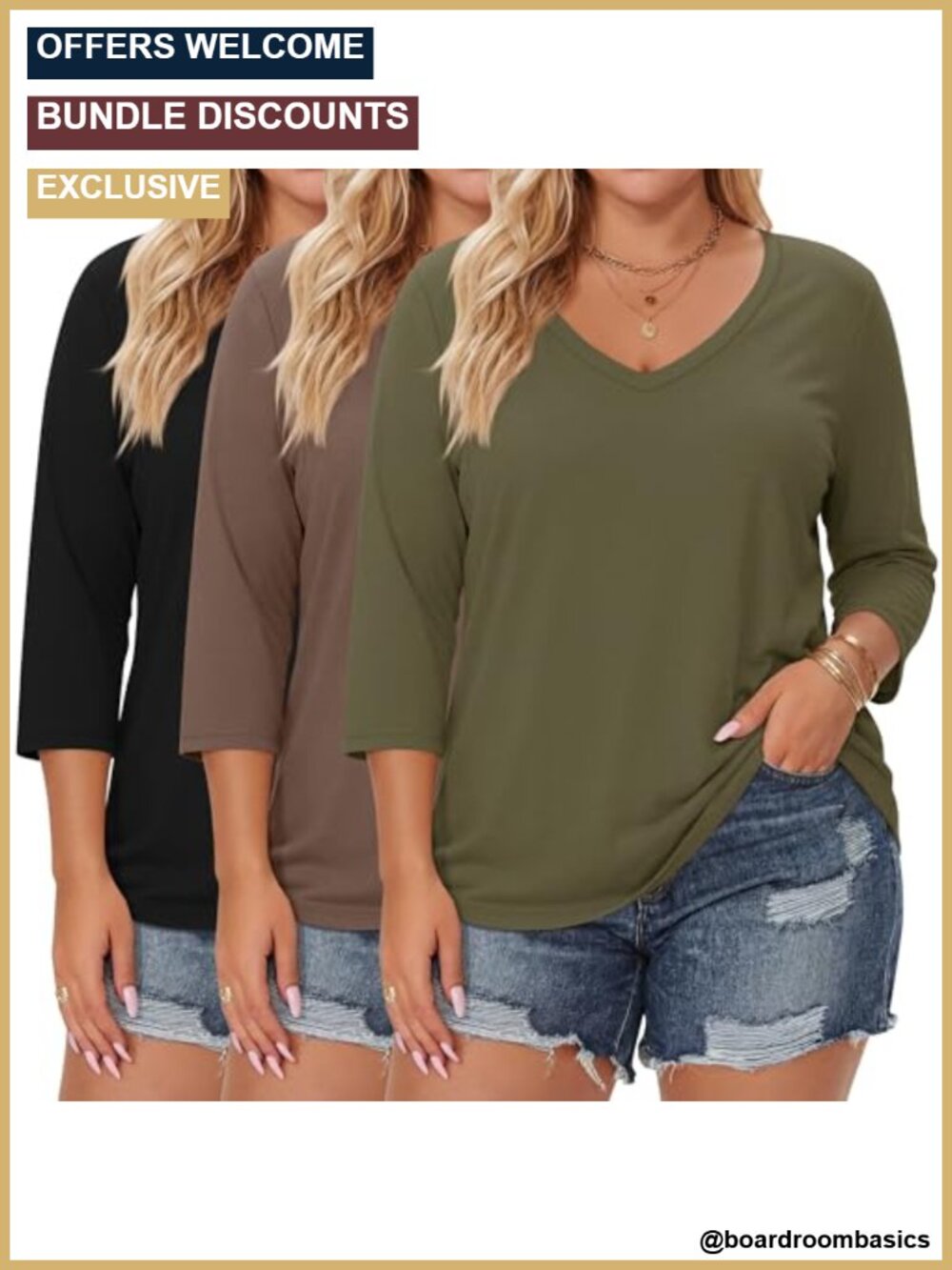 Plus Size V Neck 3/4 Sleeve Tops 3 Pack Cotton Spandex Curved Hem